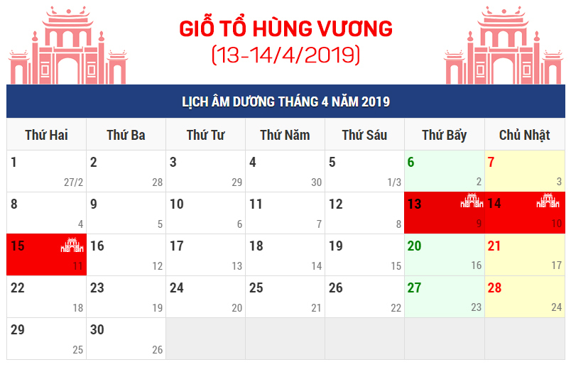 Lịch nghỉ Giỗ tổ Hùng Vương, 30/4 và 01/5 năm 2019